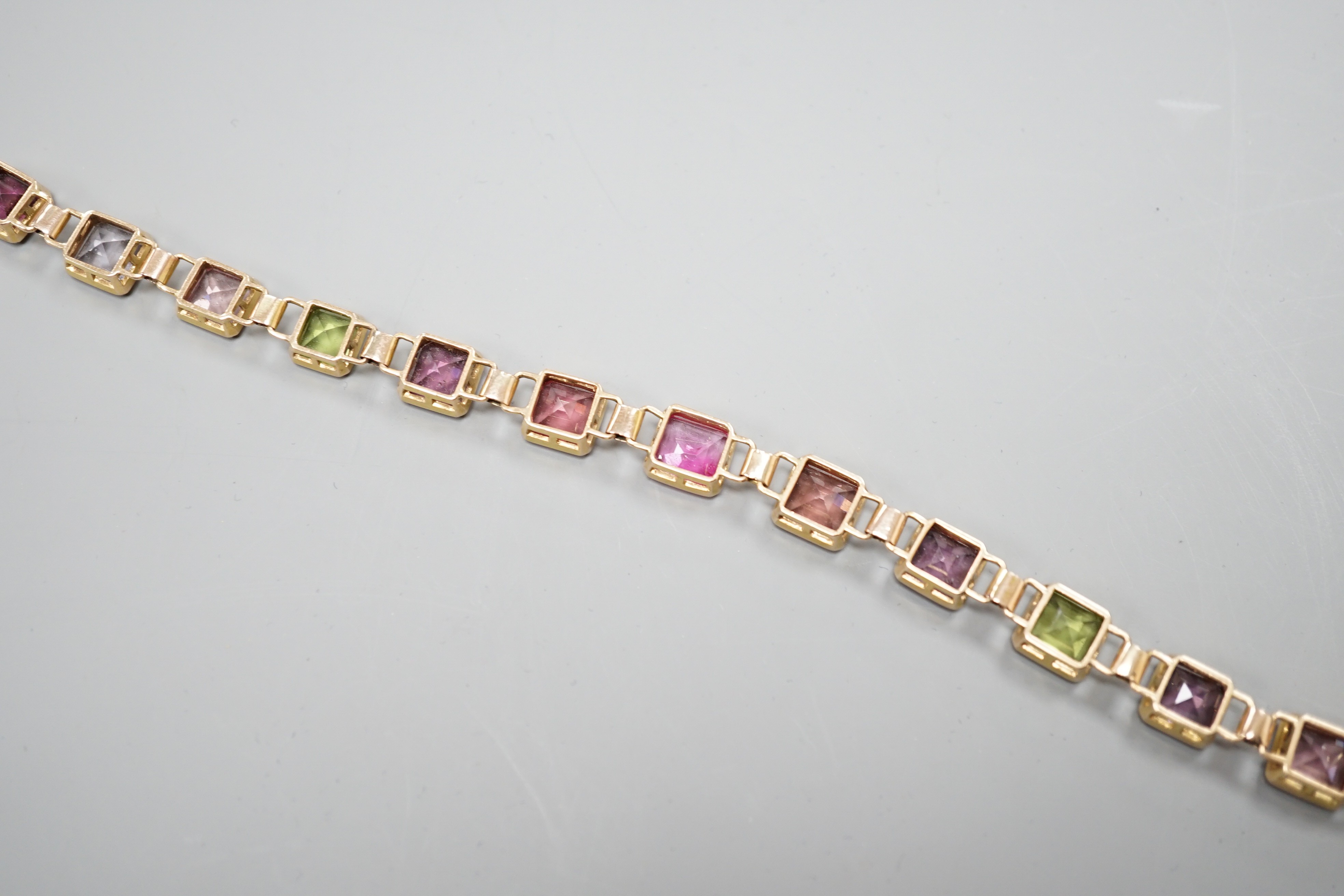 A modern 9k yellow metal and multi gem set bracelet, overall 24cm, gross weight 19.5 grams